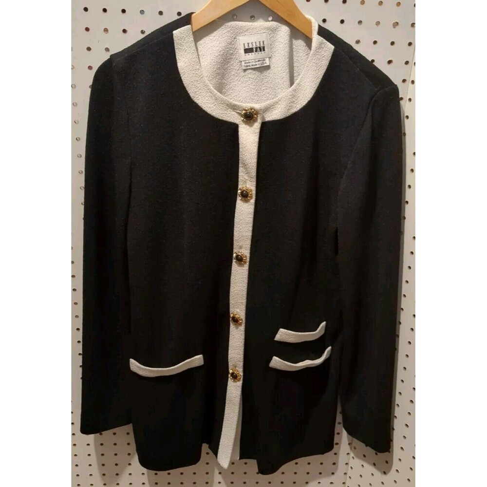 Leslie Fay Dress Blouse Top Blazer Jacket Evening Size 14 Black White Button